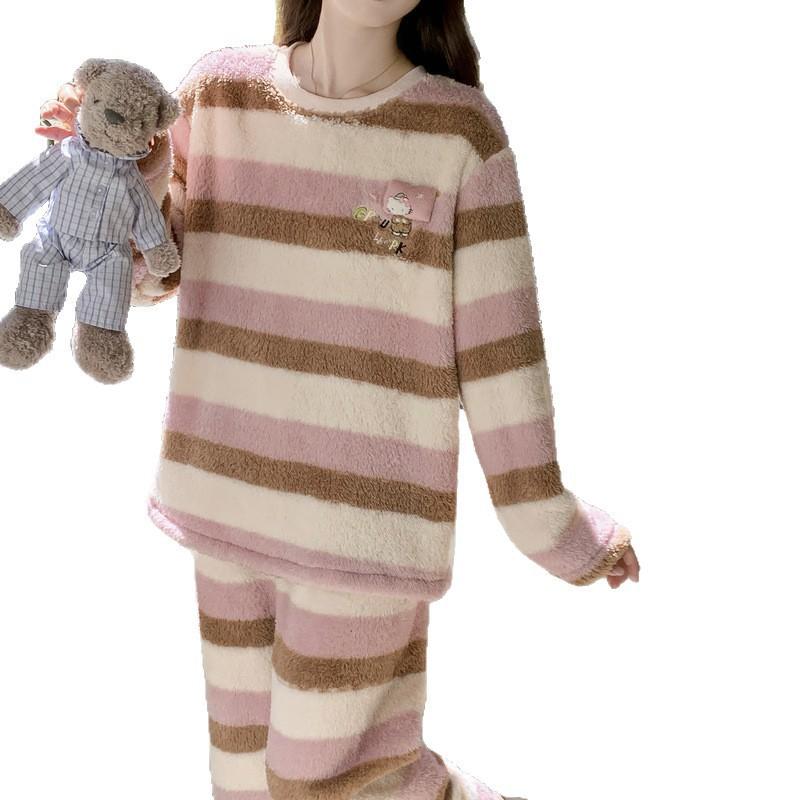 Wumida winter warm fleece thickened coral fleece pajamas women's cartoon printed flannel loungewear set