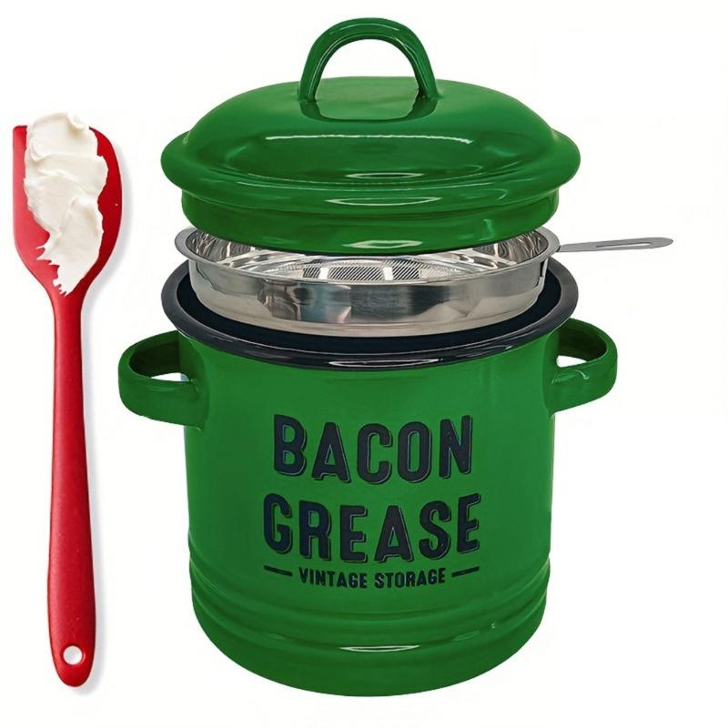 652F Enamel Bacons Grease Storage Container Jar with Strainer And Silicone Spatula Tool For Flavor Preserving Fat Keeper Box