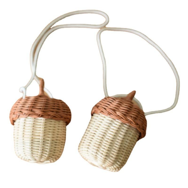 New Acorn-shaped Storage Basket Hand-woven Round Rattan Bag Bucket Tropical Beach Style Woven Shoulder Bag Po Props