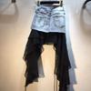 Stazione europea estate nuovo splicing gonna in chiffon vita alta elastico sottile gonna in denim gonna corta tendenza