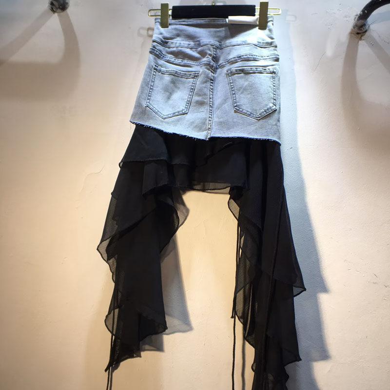 Stazione europea estate nuovo splicing gonna in chiffon vita alta elastico sottile gonna in denim gonna corta tendenza