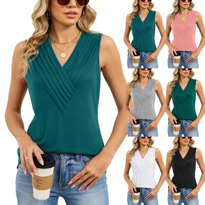 Women's Summer Fashion Color V-neck Sleeveless Vest Pullover T-shirt Top