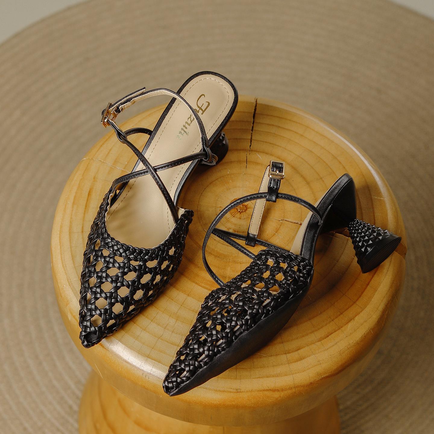 

Французские плетеные сандалии с острым носком и перекрестными ремешками, женские летние 2025, новые, модные, универсальные туфли на высоком каблуке 34 чёрный