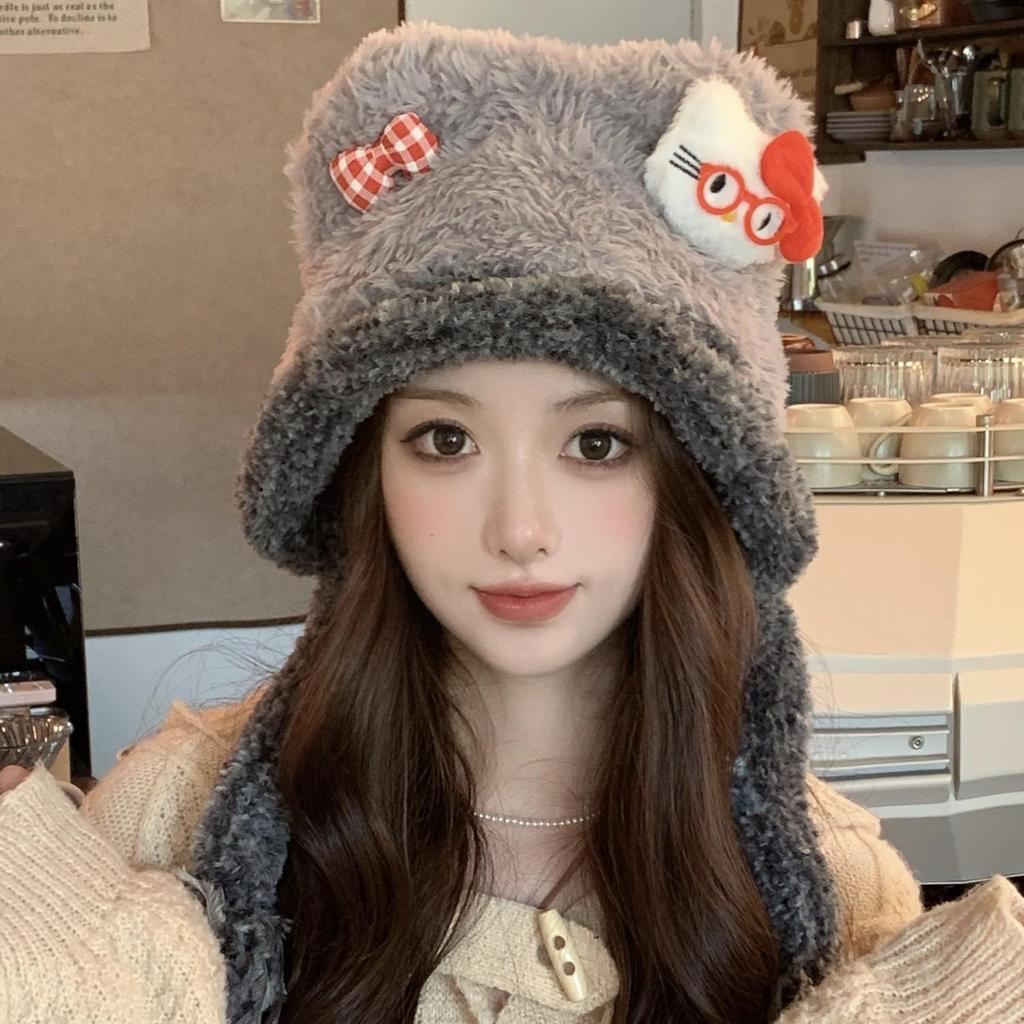 Korean Style Sweet Kitten Plush Hat for Women - Cute 2025 Autumn/Winter Warm Beanie with Ear Protection Shows Slim Face