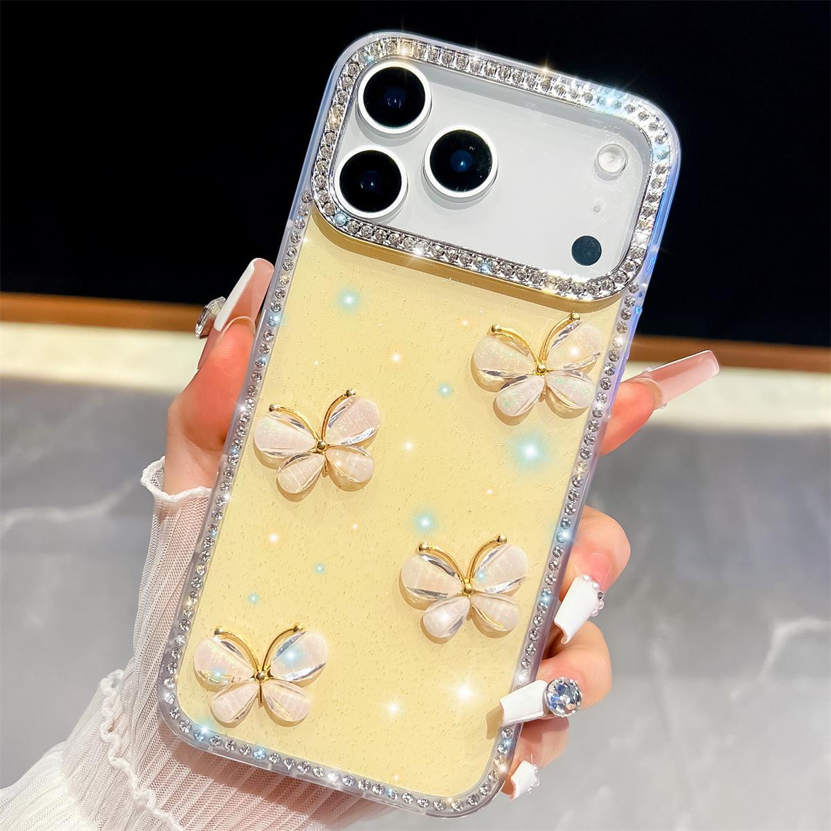 

Handmade Sparkly Diamond Glass Butterfly IMD Phone Case, Compatible with iPhone 13,iPhone 14,iPhone 15,iPhone 16,iPhone 17 Series iPhone 17 Air светло-желтого