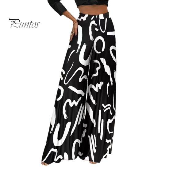 

Женские брюки большого размера, широкие эластичные повседневные брюки с высокой талией, свободные длинные брюки с ретро-принтом, уличная одежда L чёрный