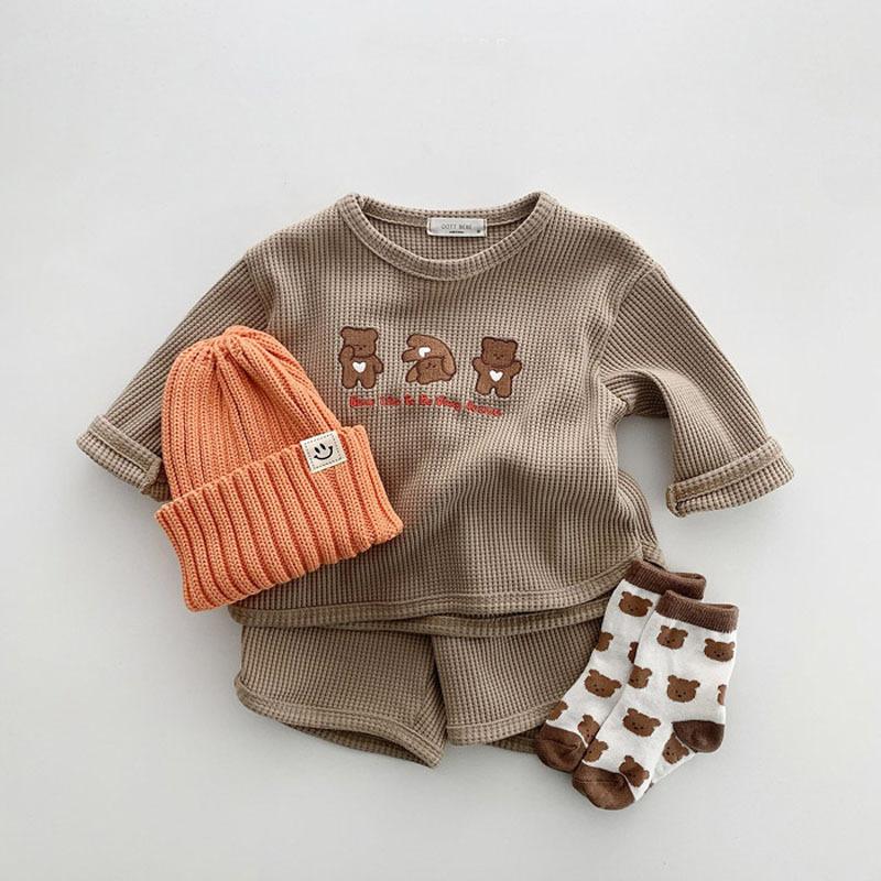 Letni zestaw ubranek dla niemowląt dla chłopców i dziewcząt z długim rękawem, waflowa koszulka + spodenki, 2 sztuki, swobodny strój, bawełniany garnitur dla dzieci