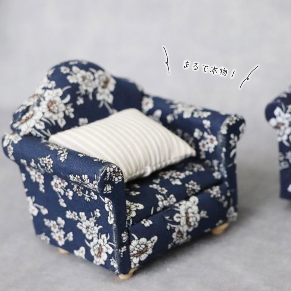 moin moin Miniature Furniture Scale Furniture Sofa 3 Piece Set B Two Seater Single Seater Single Cushion White Blue Floral Pattern Retro Bicolor