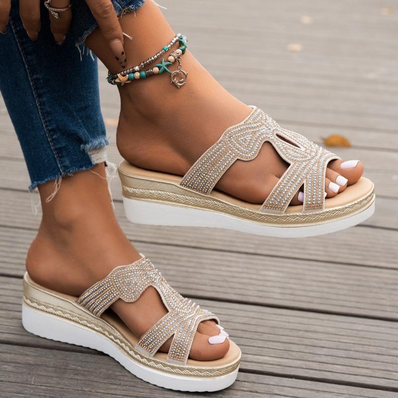 Women Platform Slippers Rhinestone Wedge Slippers 2025Summer New Casual Slippers for Women Outdoor Non Slip Beach Slides