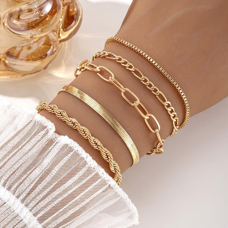 5-piece Bracelet Set, Women's Alloy Round Bead Heart Chain, Minimalist Box Chain Bracelet