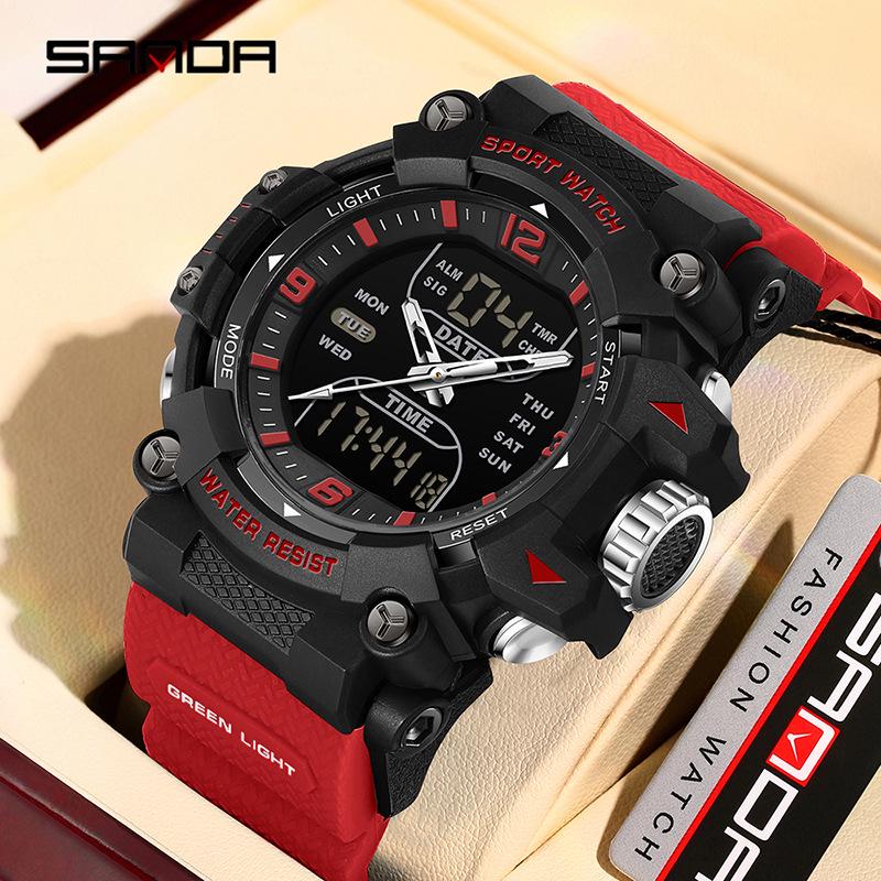 Sanda Dual-Movement Sports Watch with Countdown, Alarm, Night Light, Waterproof, and Multi-Function Features for Students.