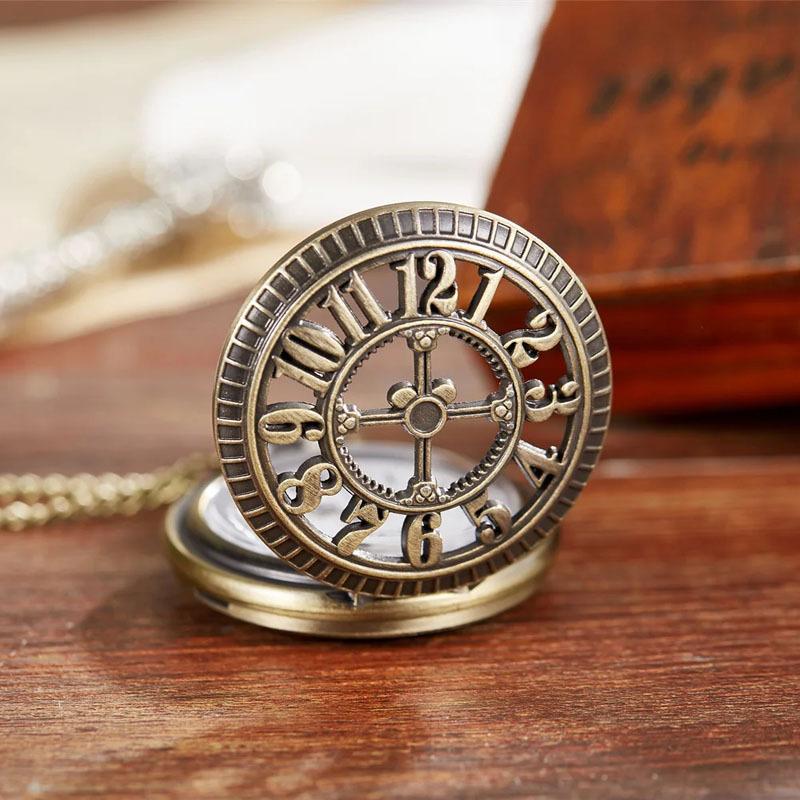 Steampunk Clock Necklace Quartz Movement Bronze Chain Flip Pointer Display Pocket Watch for Women Men