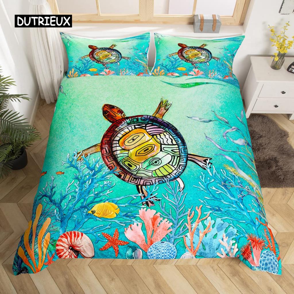 3D Octopus Sea Turtle Duvet Cover Retro Sailboat Crab Reptile Bedding Set Marine Mediterranean Style Jellyfish Comforter Cover