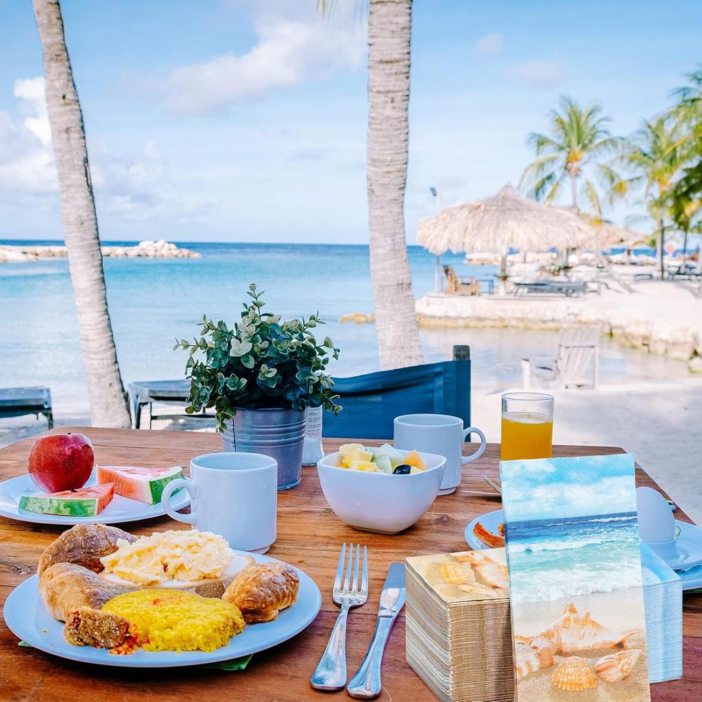 Crtiin 200 Pieces Nautical Beach Guest Napkins Bathroom Disposable Summer Tropical Ocean Coastal Towels Seashell Sea Beverage Paper Hand Napkins