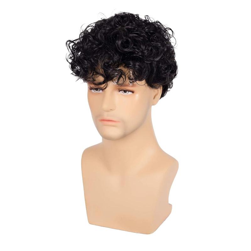 Synthetic Afro Curly Wigs with Bangs for Men Wig Short Natural Hair Male Wig 80s Costume Halloween Cosplay Wigs