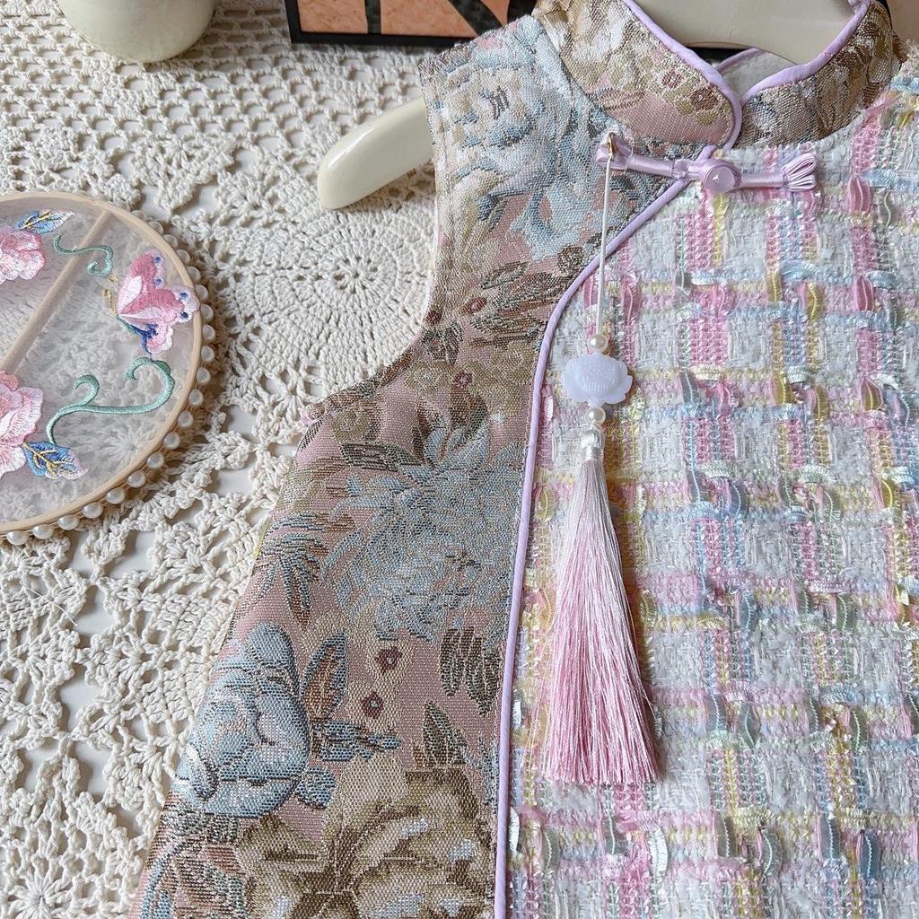 Girls' Winter Sleeveless Hanfu Cheongsam Dress with Mesh Skirt