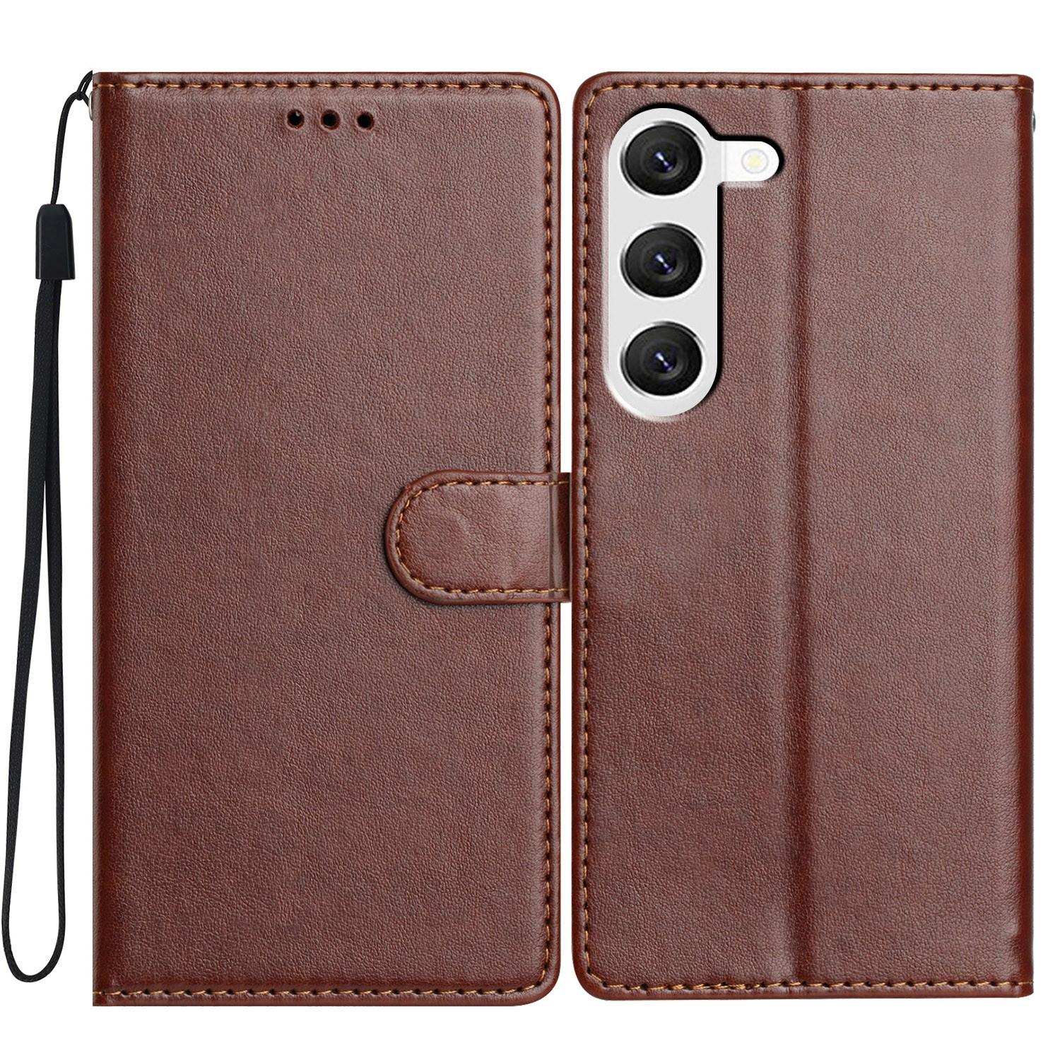 

For Samsung Galaxy S23+ Leather Phone Case Wallet Stand Cover with Handy Strap Brown