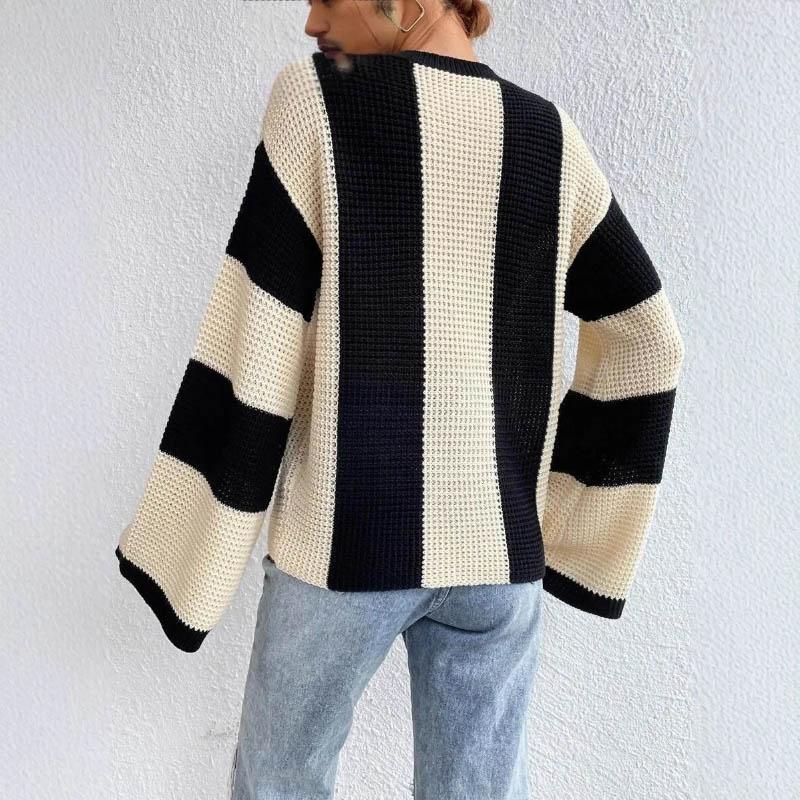 Sweater for Women Winter Thickened Pullover Round Neck Stripes Knitted Stretchy Long Sleeve Oversize Jumper Sweater Tops
