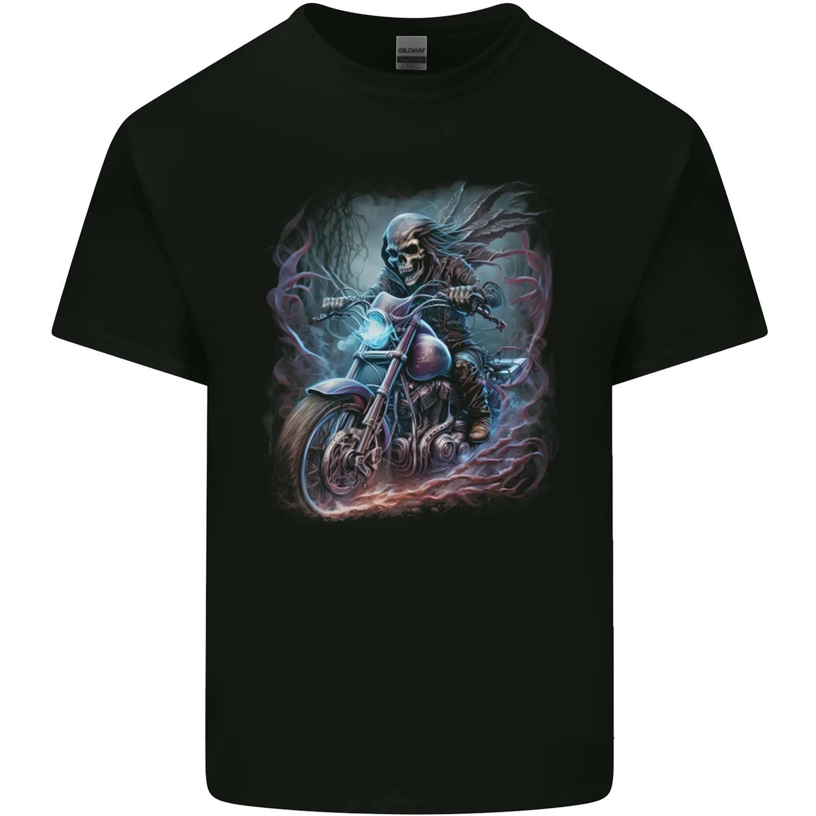 A Biker Skeleton on a Motorcycle Skull Kids T-Shirt Childrens XL