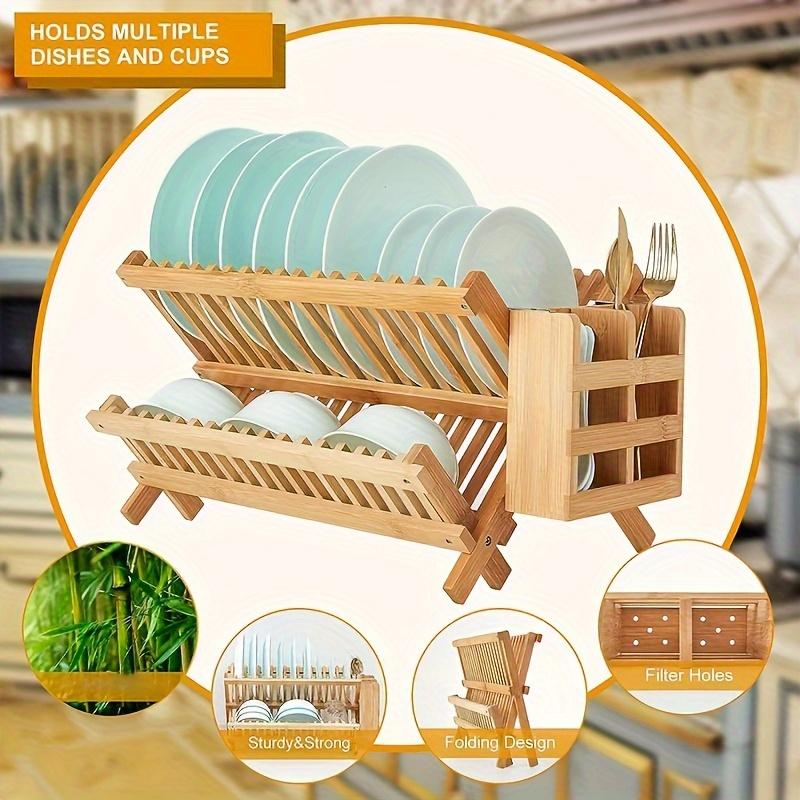 1 Pc Foldable Bamboo Tableware Drain Rack 2 Layer Large Countertop Drying Rack with Bowl Cup and Cutlery Holders Kitchen