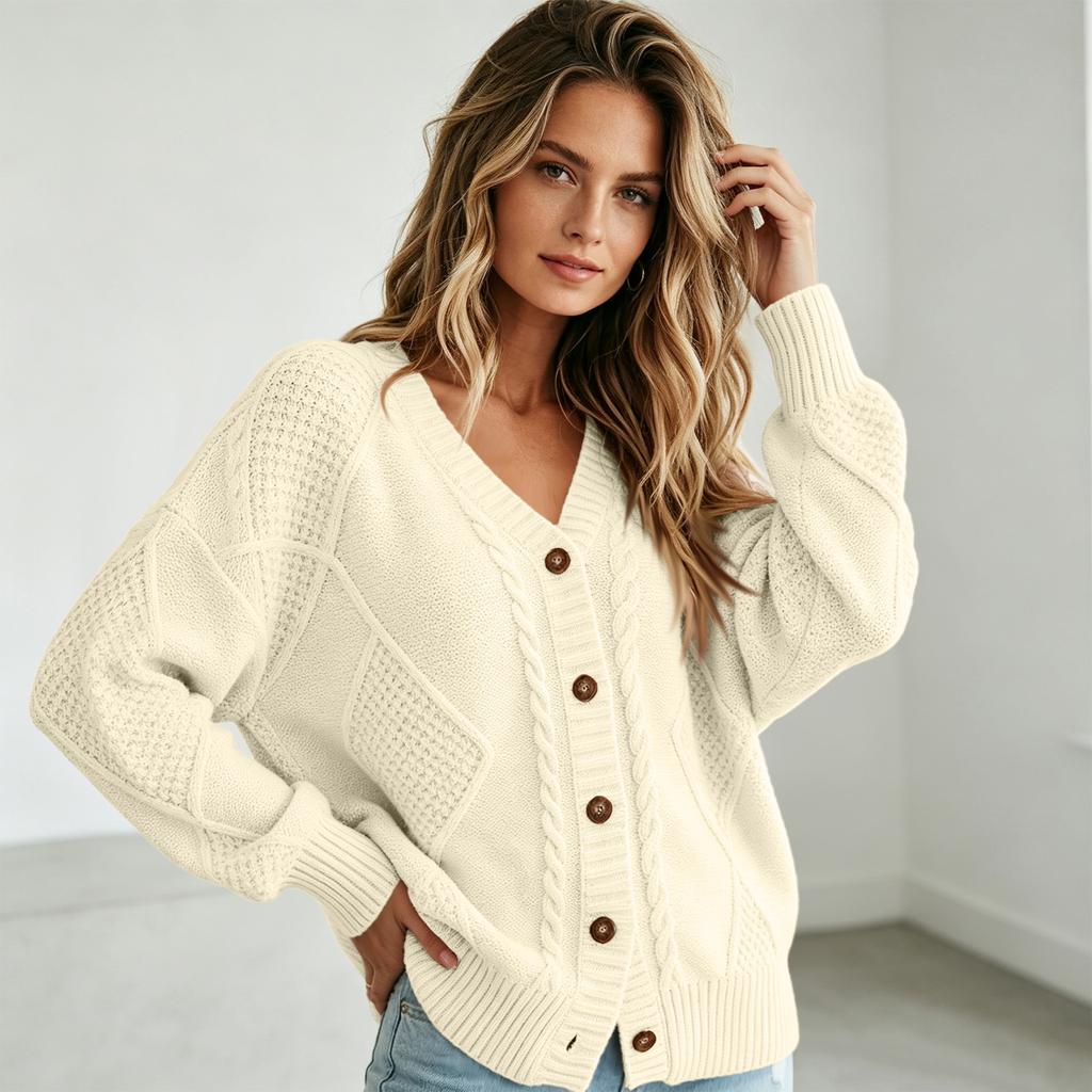 Women's Color Long Sleeve V-Neck Buttoned Cable Knit Cardigan Sweater