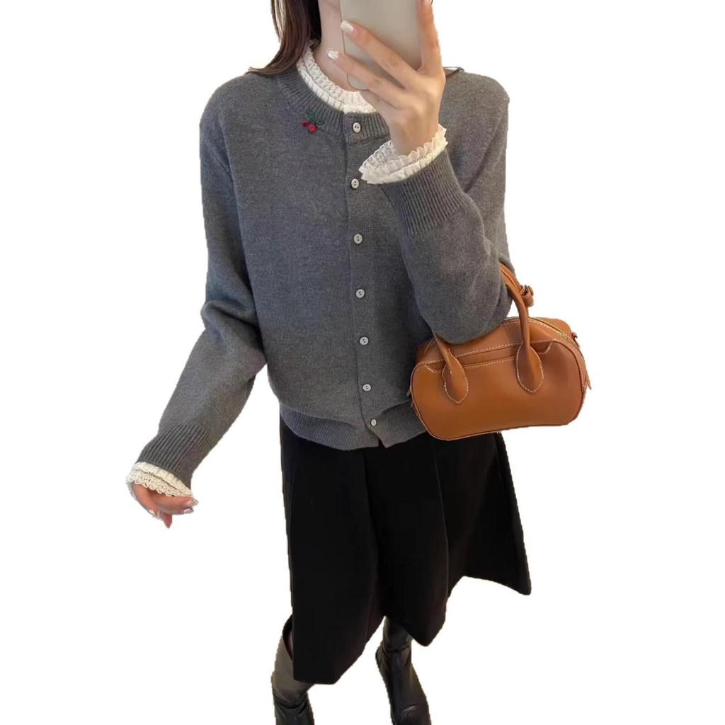 Winter Forest Style Lace Trim Knit Cardigan with 3D Flowers for Women