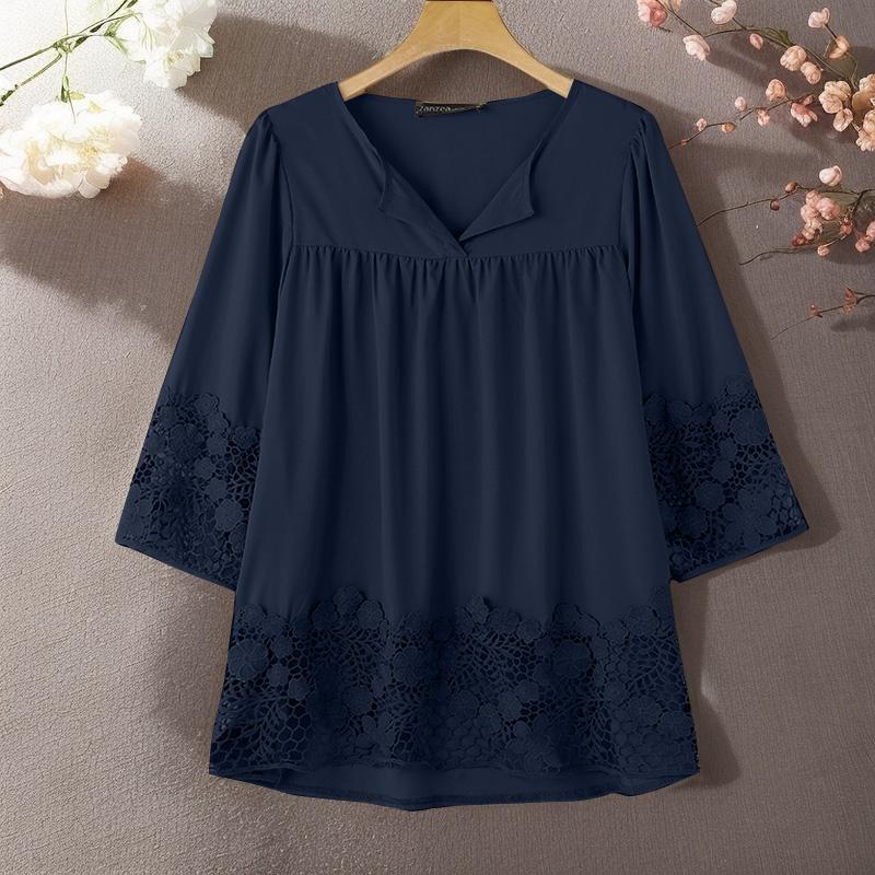 

ZANZEA Женские осенние кружевные однотонные блузки с V-образным вырезом и рукавом 3/4 S темно-синий