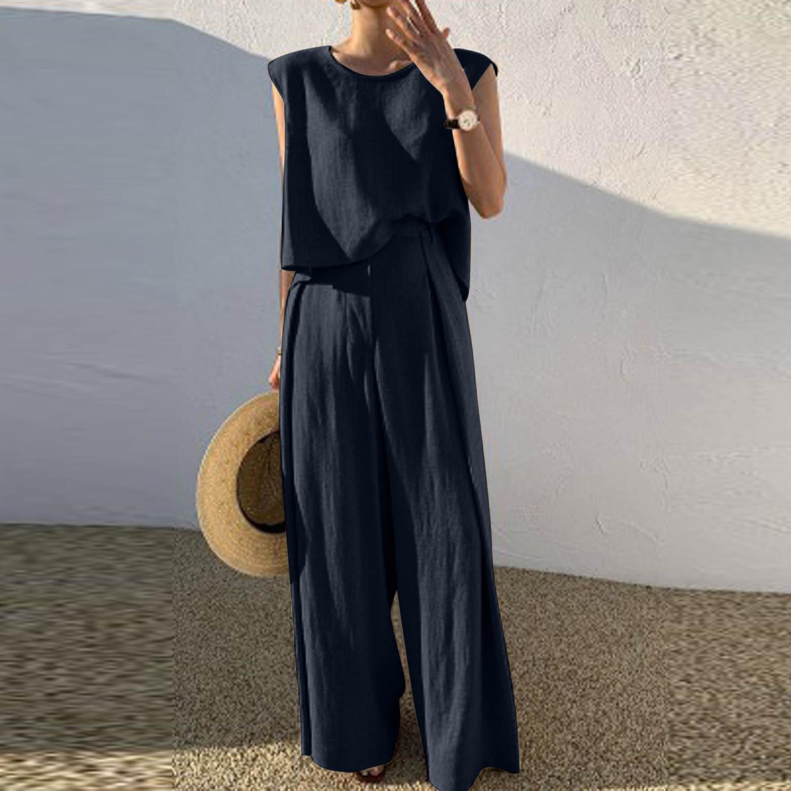 

Модный женский повседневный пуловер без рукавов из хлопка и льна с широкими брюками, однотонный костюм S