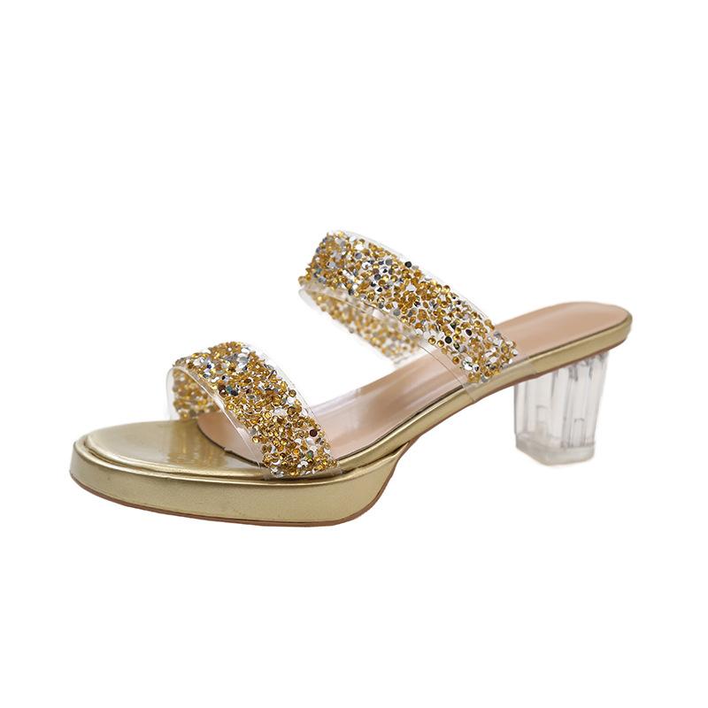 2025 Sommer neue High Heels Kristall dicker Absatz tragen Damen Sandalen Damen Strass transparentes Wort mit coolen Hausschuhen Damen