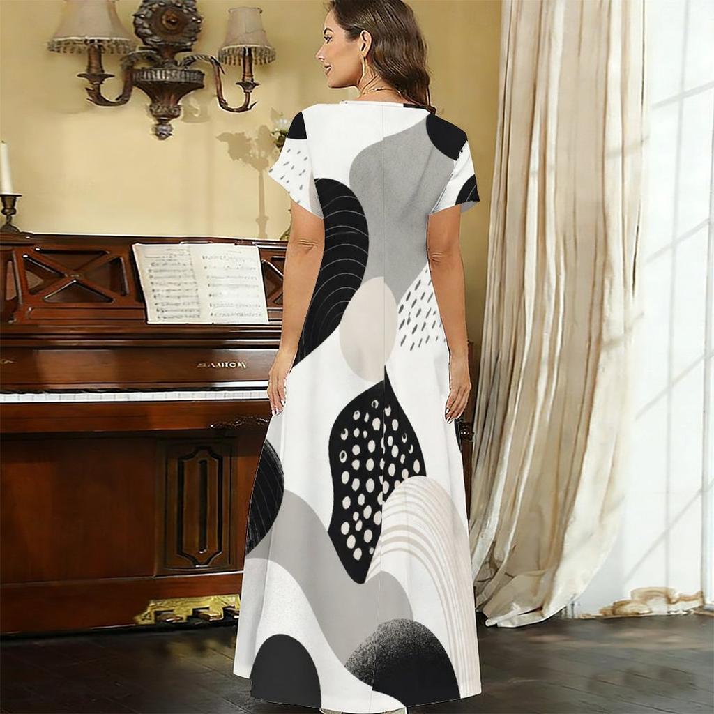 Women Plus Size V Neck Short Sleeve Black White Printed Straight Long Dress