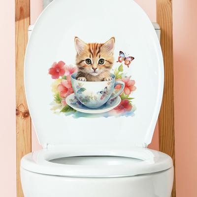 Adesivo per WC con fiore di gatto tazza da tè, rimovibile, autoadesivo, impermeabile, in PVC, per soggiorno, arte della parete, bagno, coperchio del WC, decorazione