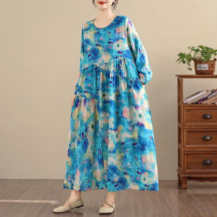 New Spring Oversize Long Sleeve Maxi Dress  Plus Size Women Loose Basic Vintage Floral