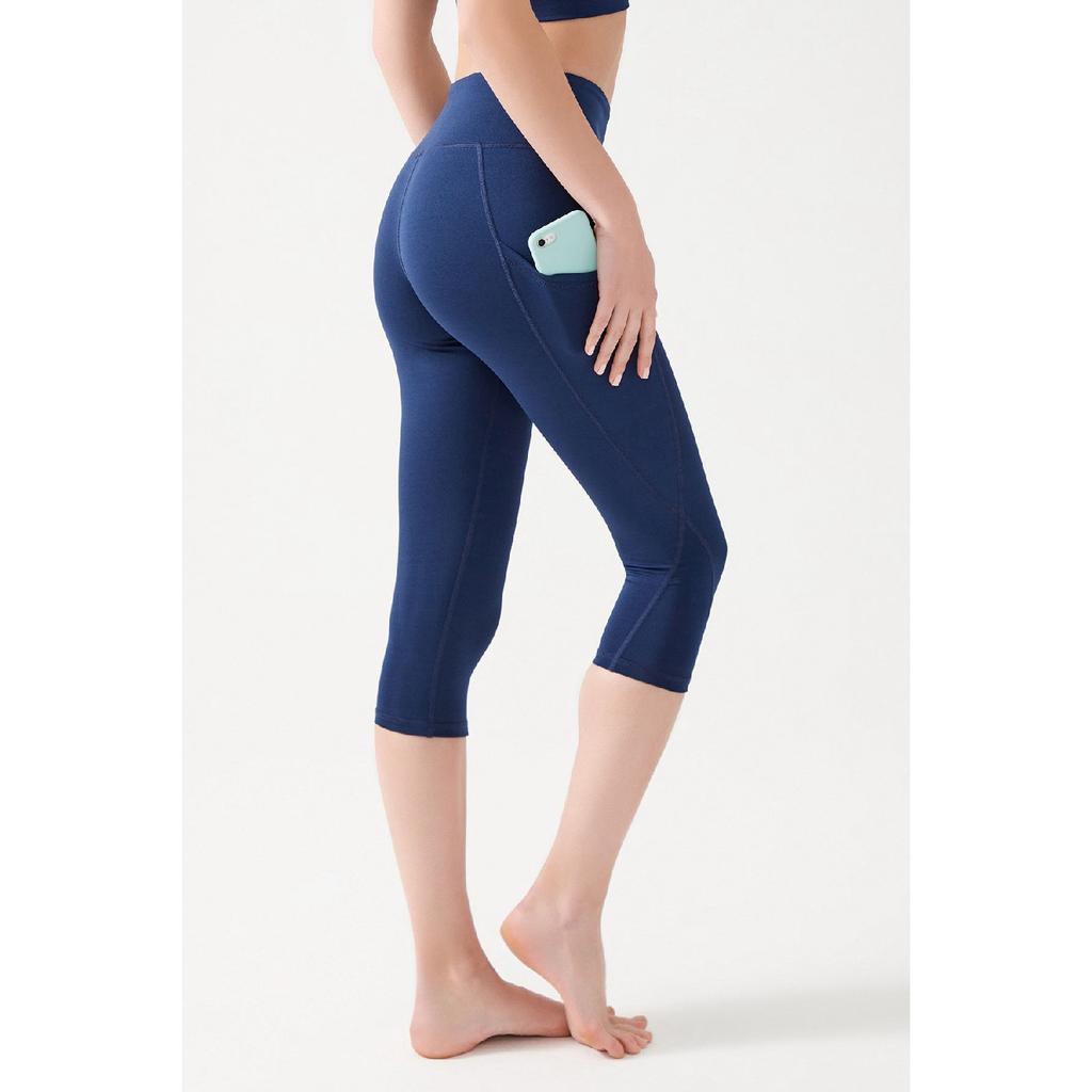 Women's Black High Waist Collecting Double Pocket Below Knee Capri Leggings Capri