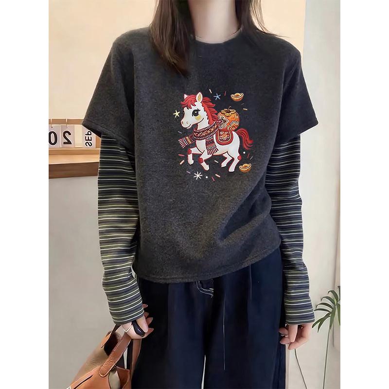 Women s Striped Long-Sleeve Faux Two-Piece Thickened Top for Spring, Autumn, Winter 2026 Extra Large (XL)