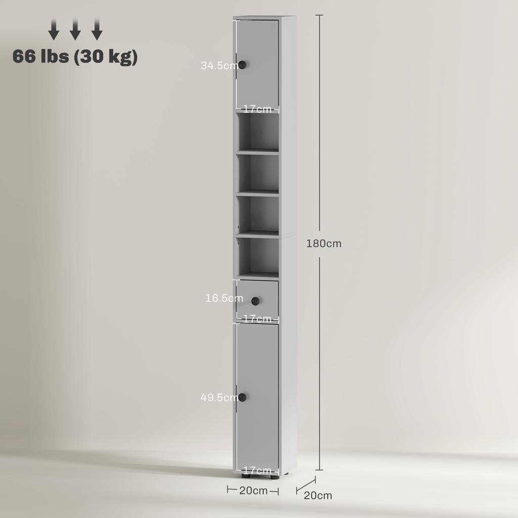 180cm Slim Bathroom Cabinet, with Drawer, Shelves and Cupboards - Grey
