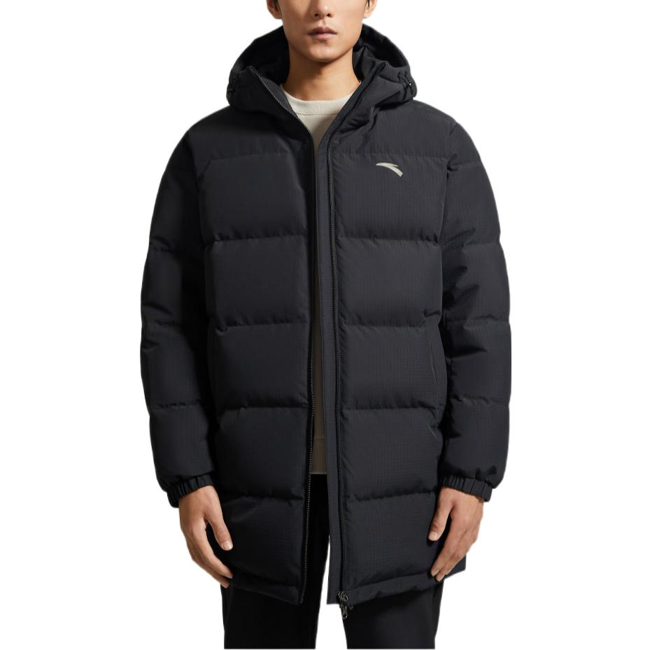Anta FW22 Solid Color Logo Print Long Zip Hooded Down Jacket Men Outerwear Black 952247976-2