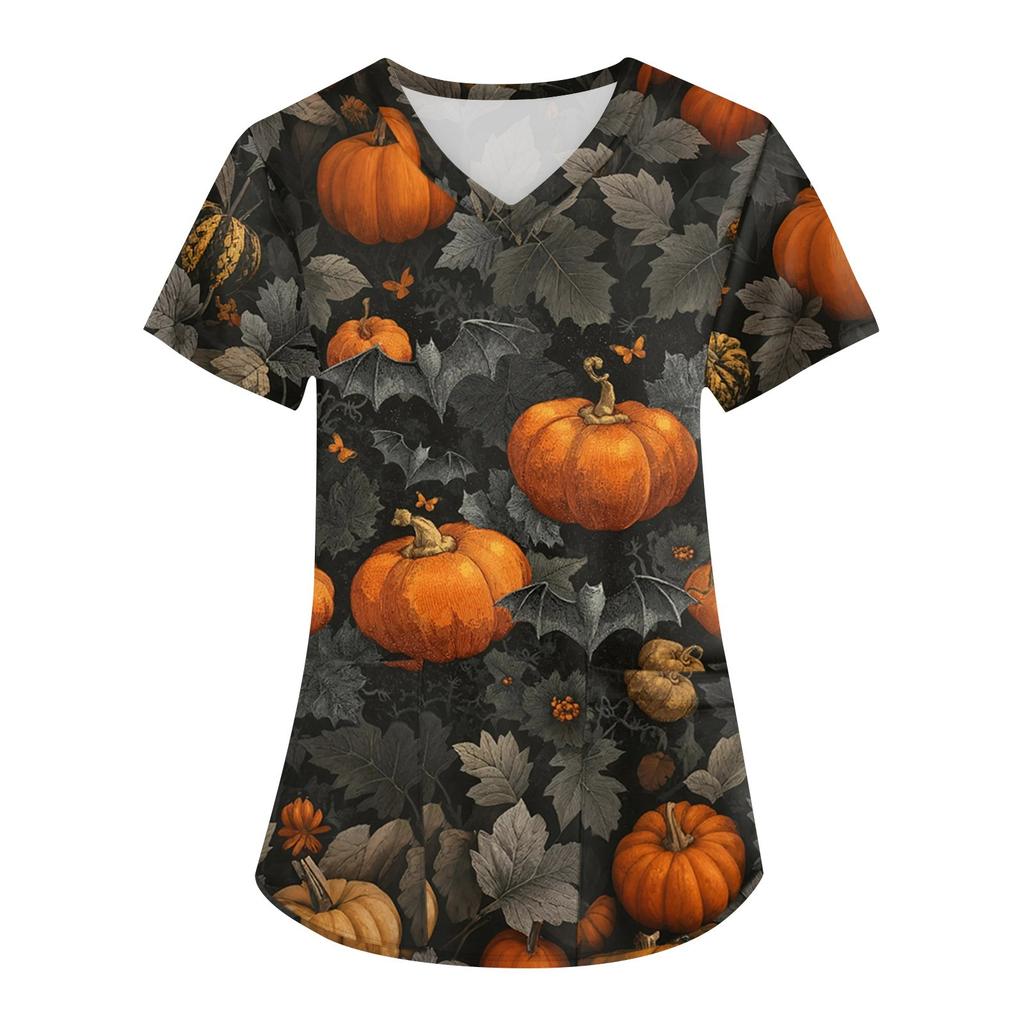 Women's Printing Uniform Work Uniform V-neck Pockets Basic Short Sleeve Pullover Top