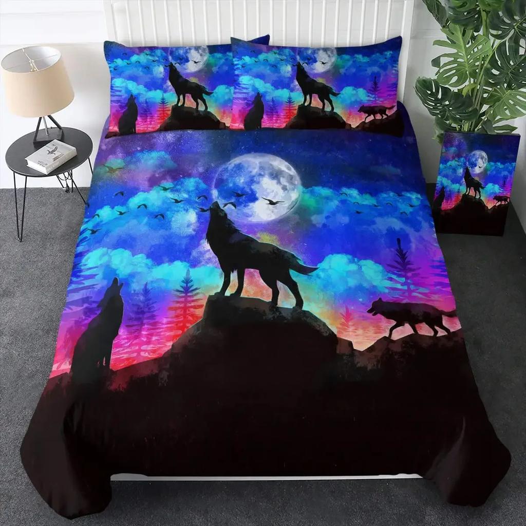 Wild Magical Wolf Bedding Set Wolf Howling 3Pcs Sets For Boys Vintage Oil Paint Wild Animal Single/Twin/Queen/King Size