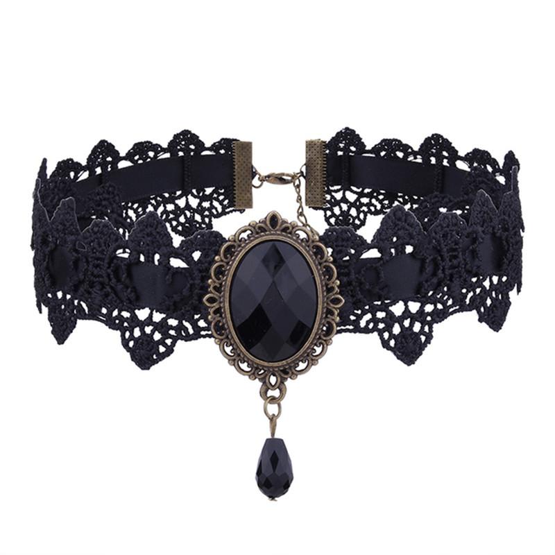 Gothic Sparkling Gemstone Necklace Collar Retro Punk Black Lace Choker Halloween Vintage Chain Vampire Jewelry Accessories New