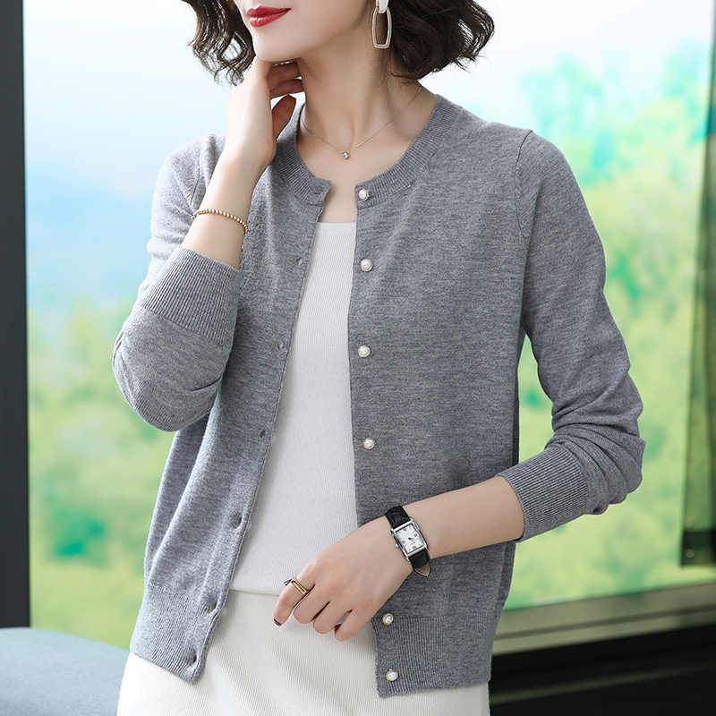 Fashion Crew Neck Knitted Cardigan Loose Women's Short Sweater Jacket Spring and Autumn Long Sleeve Casual Simple Shirt Thin Cardigans Clothing
