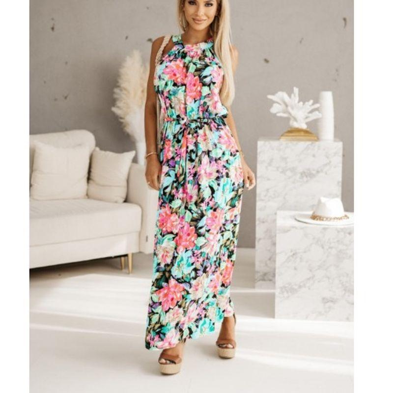 

Bohemian Summer New Fashion Hanging Neck round Neck Print Sleeveless Dress Vacation Beach DRESS Lake Blue M