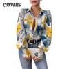 Blusa holgada estampada de manga larga con solapa y burbujas para mujer de talla grande de primavera y otoño
