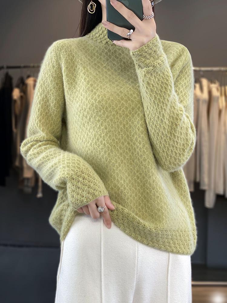 Women's 100% Wool Knitted Semi-High Neck Sweater - Thick, Loose, Slimming Autumn/Winter Wear