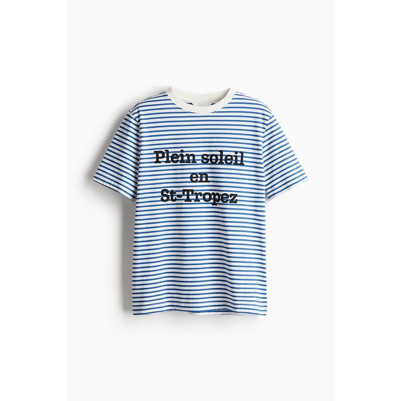 

HM Women s T-shirt 2025 Autumn New Arrival Loose Striped Letters Print Rib round-Neck Short Sleeve Tops 1293967 Blue/Stripes 150/76(XXS)