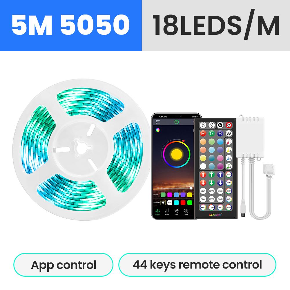 

5050 RGB светодиодных лент DC12V с 44-кнопочным пультом дистанционного управления и управлением через приложение, синхронизация музыки, цветная лента для рождественской подсветки телевизора в комнате EU Plug