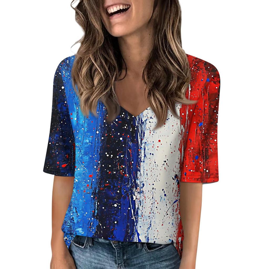 Women's V Neck T Shirts Half Sleeve Tops Printed Casual Summer Tees T Shirt Blouse