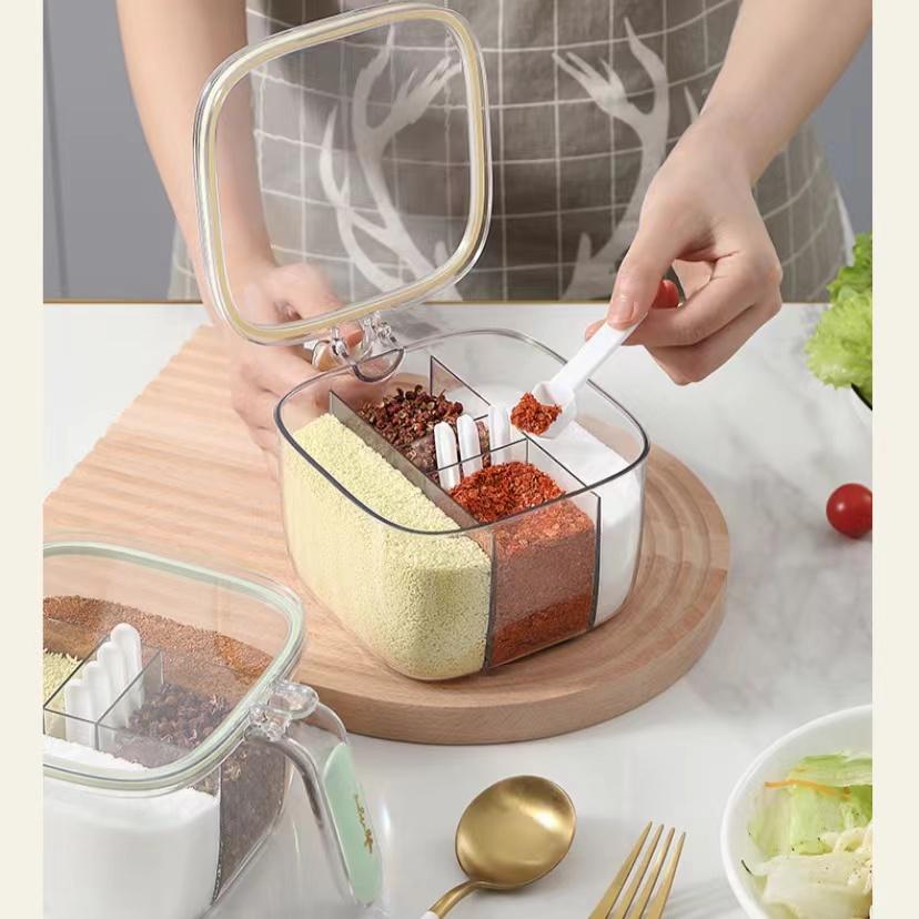 Kuchyňská dóza na koření Utěsněná dóza na ochucovadlo s páskou odolná proti vlhkosti se čtyřmi přihrádkami Nádrž na ochucovadlo lisovacího typu