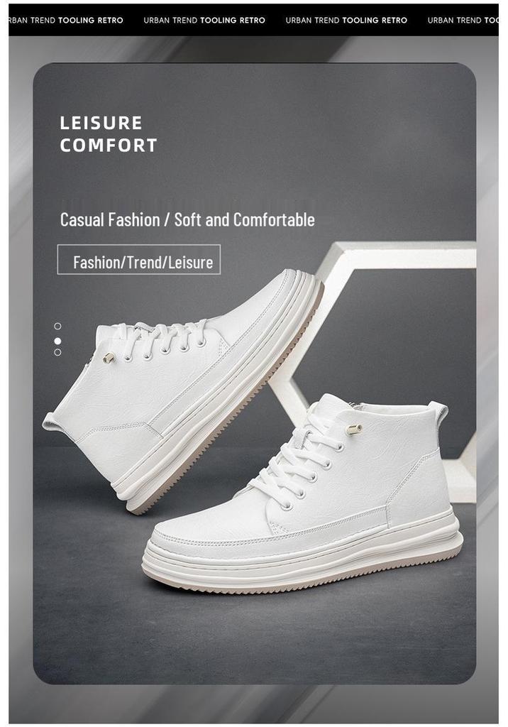 Men's Mid-Top Round Toe Lace-Up Leather Casual Shoes with Height Boost