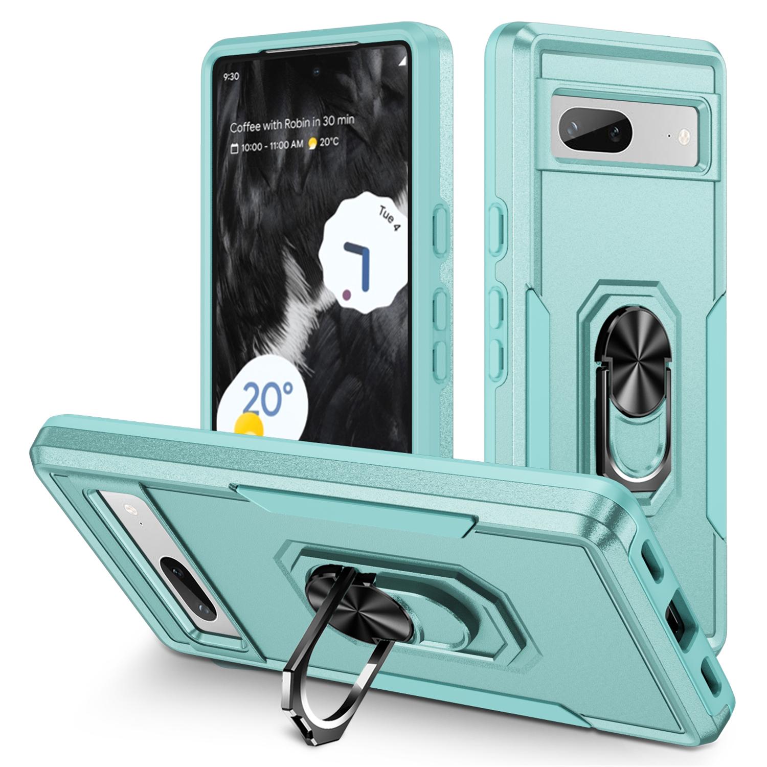 

For Google Pixel 7a Case Military Grade Ring Kickstand PC+TPU Phone Cover Green/Pink