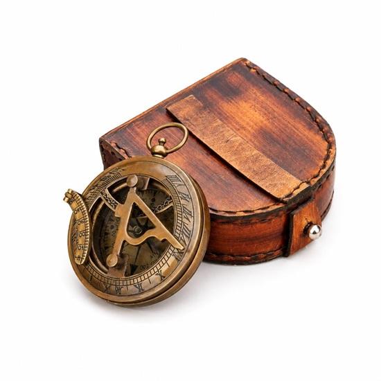 Brass Sundial Compass, Nautical Pocket Compass, Handmade Leather Case